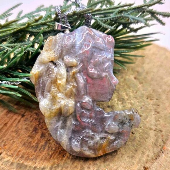 Nature Labradorite Carved Flashy Medusa Big Pendant Necklace - Picture 5 of 10